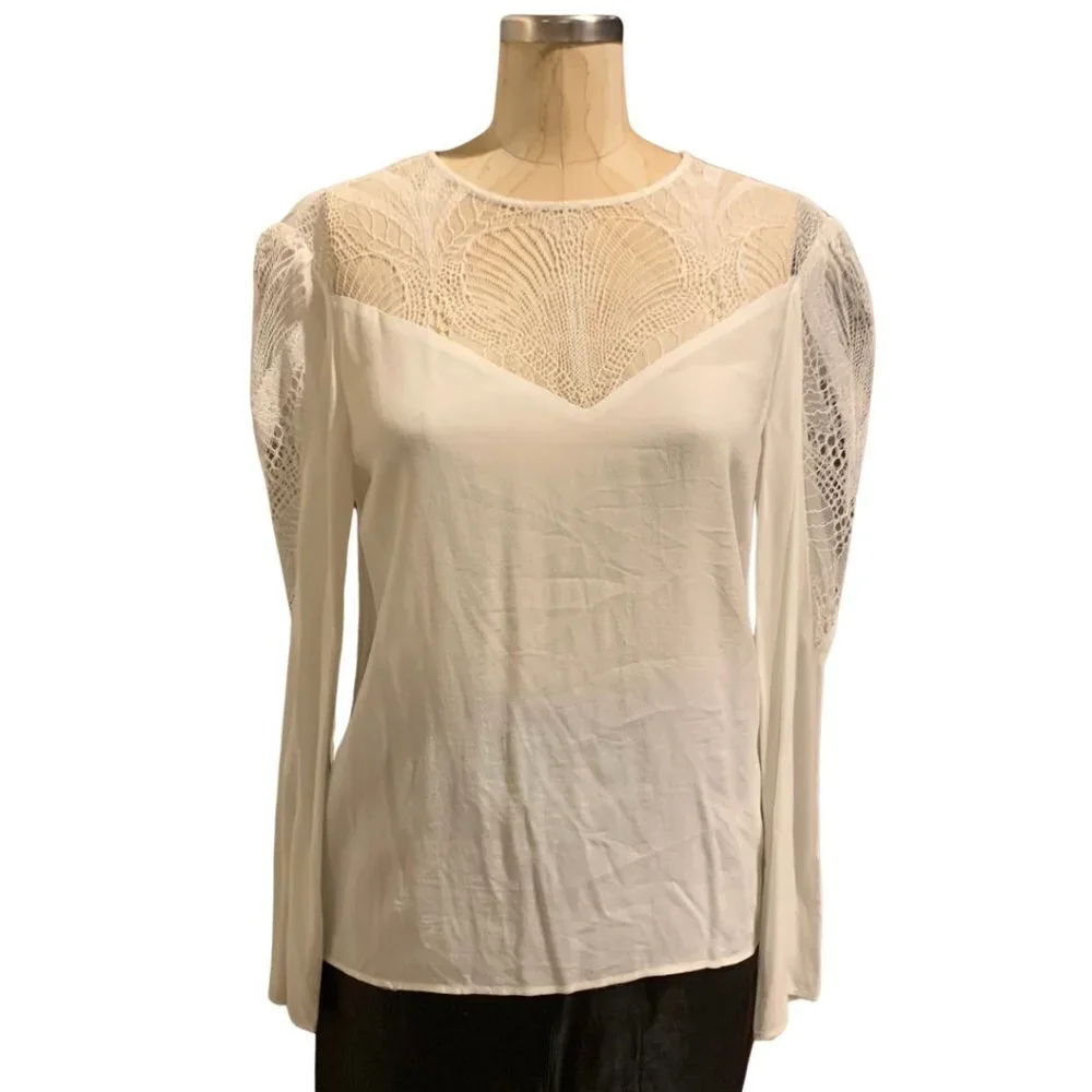 Maje Paris Leana Lace Insert Long Sleeve Off-White Silk Shirt - Picture 4 of 10